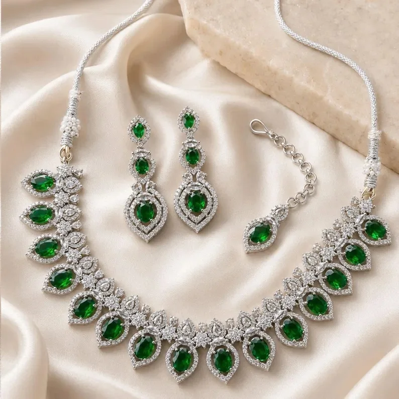 Complete emerald CZ necklace and earrings set from SBN India